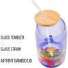 Silver Buffalo Care Bears Retro Flower Power Caring is Groovy Featuring Funshine, Friend, Good Luck, Harmony, Cheer Bear Purple Glass Jar Tumbler with Bamboo Lid and Glass Straw, 16 Ounces(Care Bears Flower Power)