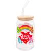 Silver Buffalo Care Bears Retro Flower Power Caring is Groovy Featuring Funshine, Friend, Good Luck, Harmony, Cheer Bear Purple Glass Jar Tumbler with Bamboo Lid and Glass Straw, 16 Ounces(Care Bears (2 Pack))