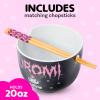 Silver Buffalo Sanrio Hello Kitty and Friends Badtz-Maru Poses Yellow Stripe Ceramic Ramen Noodle Rice Bowl with Chopsticks, Microwave Safe, 20 Ounces(Kuromi)