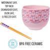 Silver Buffalo Sanrio Hello Kitty and Friends Badtz-Maru Poses Yellow Stripe Ceramic Ramen Noodle Rice Bowl with Chopsticks, Microwave Safe, 20 Ounces(My Melody and Kuromi Flowers)