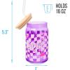 Silver Buffalo Wednesday Addams Family “On Wednesdays We Wear Black” Glass Jar Tumbler with Bamboo Lid and Glass Straw, 16 Ounces(Bratz Logo Purple Checkered)