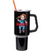 Silver Buffalo Chucky Wanna Play Stainless Steel Tumbler with Handle and Straw, Fits in Standard Cup Holder, 40 Ounces(Chucky Wanna Play Spooky Scary)