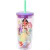 Silver Buffalo Disney Princess Fun and Bold Group Floral 20oz Spill Resistant Plastic Tumbler