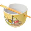 Silver Buffalo Sanrio Hello Kitty and Friends Badtz-Maru Poses Yellow Stripe Ceramic Ramen Noodle Rice Bowl with Chopsticks, Microwave Safe, 20 Ounces(Gudetama Sailing in Ramen)