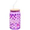 Silver Buffalo Wednesday Addams Family “On Wednesdays We Wear Black” Glass Jar Tumbler with Bamboo Lid and Glass Straw, 16 Ounces(Bratz Logo Purple Checkered)