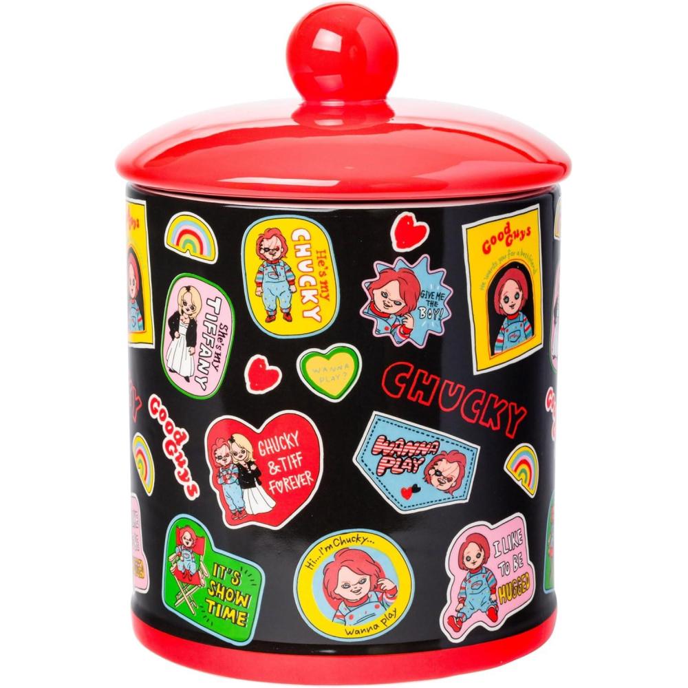 imageSilver Buffalo Chucky Sticker Style Tossed Sticker Badges and Icons Pattern 8quot 64oz Ceramic Cookie Jar