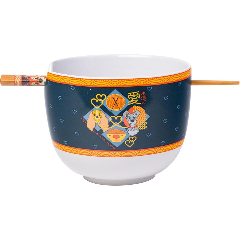 imageSilver Buffalo Disney Lady and the Tramp Eating Noodles Chinese Love Ceramic Ramen Noodle Rice Bowl with Chopsticks Microwave Safe 20 OuncesLady and the Tramp