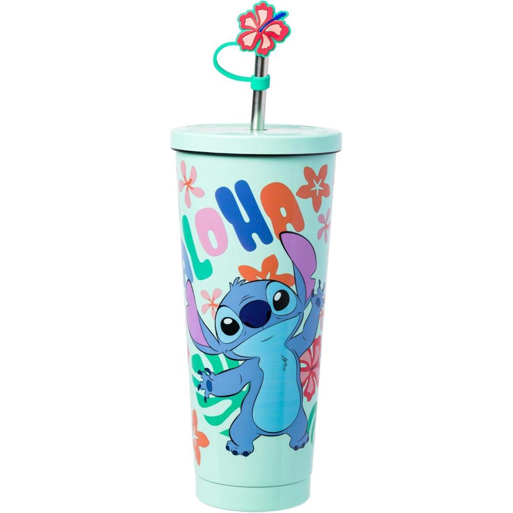 imageSilver Buffalo Lilo and Stitch Aloha Leaves and Flowers Stainless Steel Tumbler with Straw Cover Cap and Lid  24 ozBlueMulti