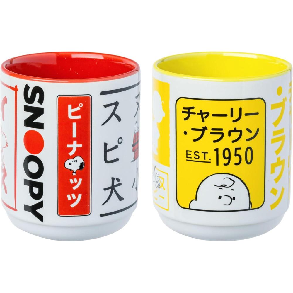 imageSilver Buffalo Peanuts 2 Pack Ceramic Asian Tea Cup Set Featuring Snoopy Peppermint Patty Linus Marcie and Charlie Brown 12 Ounces