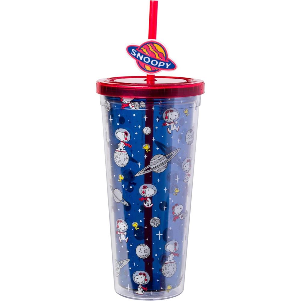 imageSilver Buffalo Peanuts Featuring Snoopy and Woodstock Outer Space Astronaut Plastic Cold Cup with Lid and Straw Topper 24 Ounces