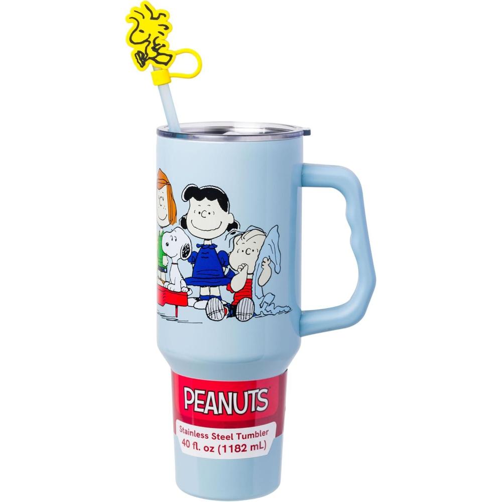 imageSilver Buffalo Peanuts Snoopy Gang Logo Stainless Steel Tumbler with Straw Cover Cap Lid Straw and Handle  40 ozBlueMulti