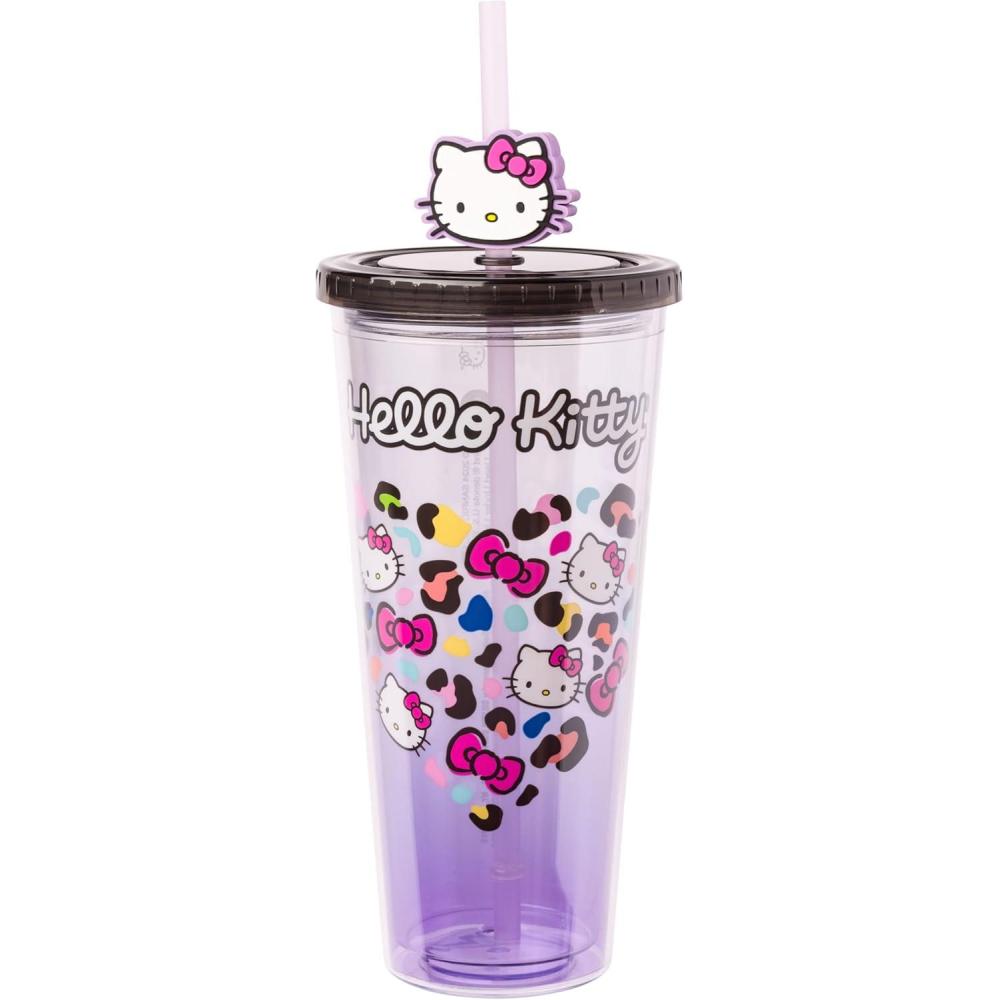 imageSilver Buffalo Sanrio Hello Kitty Jungle Leopard Print Heart and Bow Pattern Plastic Cold Cup with Lid and Straw Topper 24 Ounces