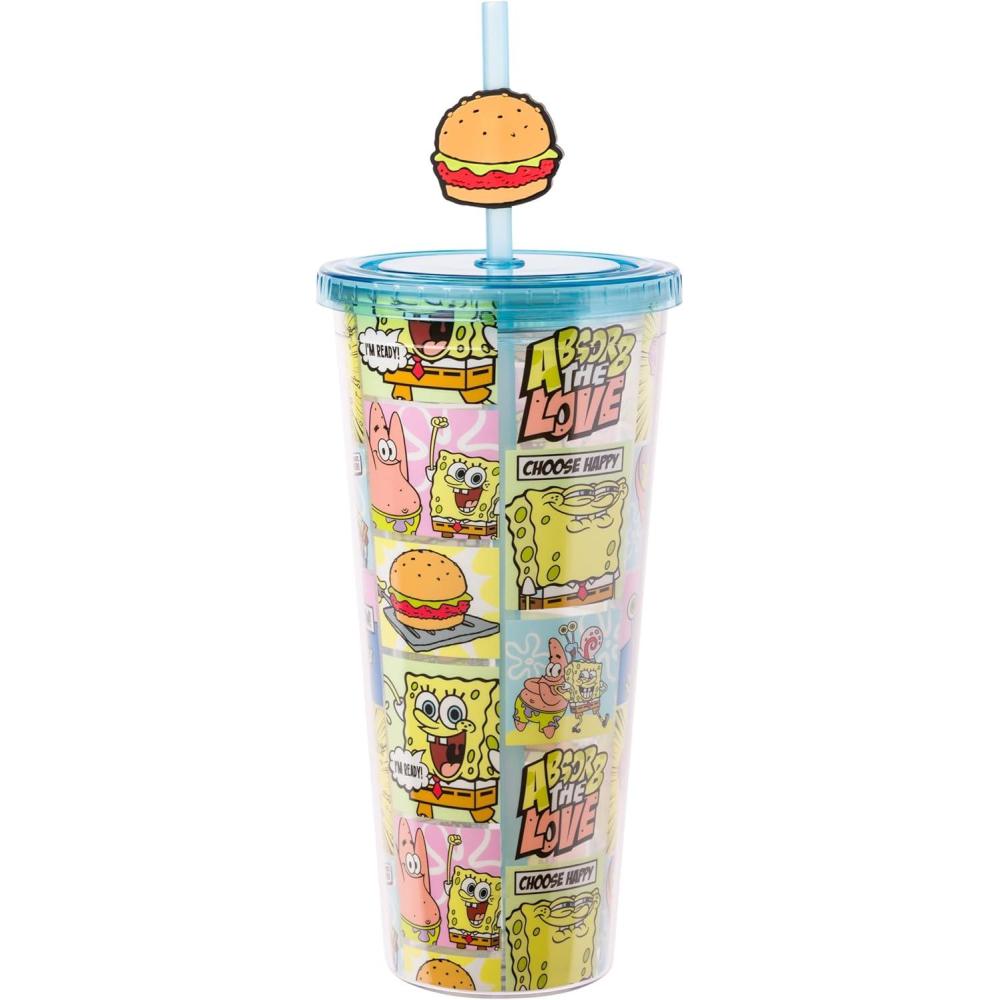 imageSilver Buffalo Spongebob Squarepants Comic Panel Happy and Love Featuring Patrick Star and Gary the Snail Plastic Cold Cup with Lid and Straw Topper 24 Ounces