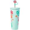 Silver Buffalo Lilo and Stitch Aloha Leaves and Flowers Stainless Steel Tumbler with Straw Cover Cap and Lid – 24 oz(Blue/Multi)