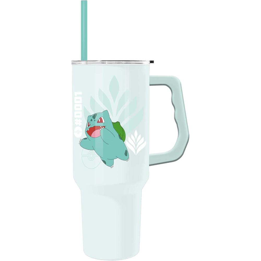 imageSilver Buffalo Pokmon Stainless Steel Tumbler with Handle Featuring Squirtle Fits in Standard Cup Holder 40 OuncesBulbasaur Pokemon