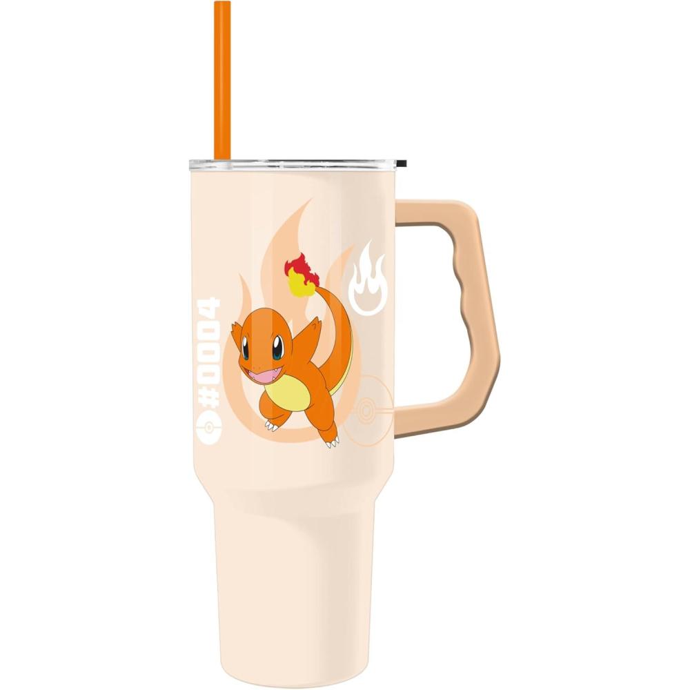 imageSilver Buffalo Pokmon Stainless Steel Tumbler with Handle Featuring Squirtle Fits in Standard Cup Holder 40 OuncesCharmander Pokemon