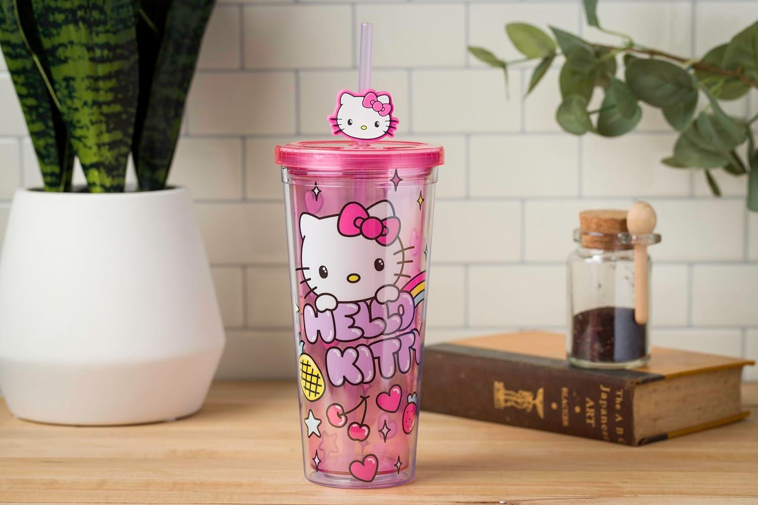 imageSilver Buffalo Sanrio Hello Kitty And Friends Featuring Kuromi and Little Twin Stars Plastic Cold Cup with Lid and Topper Straw 24 ouncesHello Kitty Kawaii Hearts and Sparkle