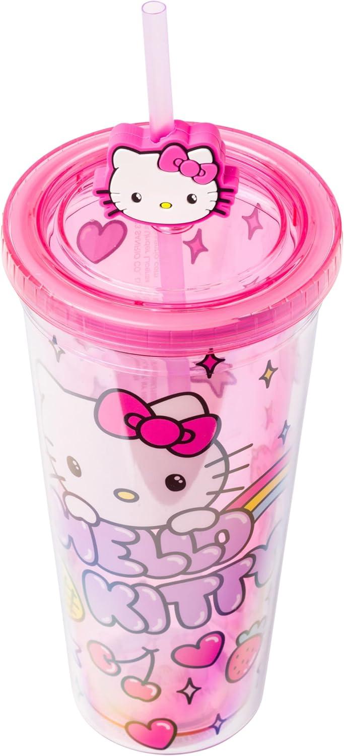 imageSilver Buffalo Sanrio Hello Kitty And Friends Featuring Kuromi and Little Twin Stars Plastic Cold Cup with Lid and Topper Straw 24 ouncesHello Kitty Kawaii Hearts and Sparkle