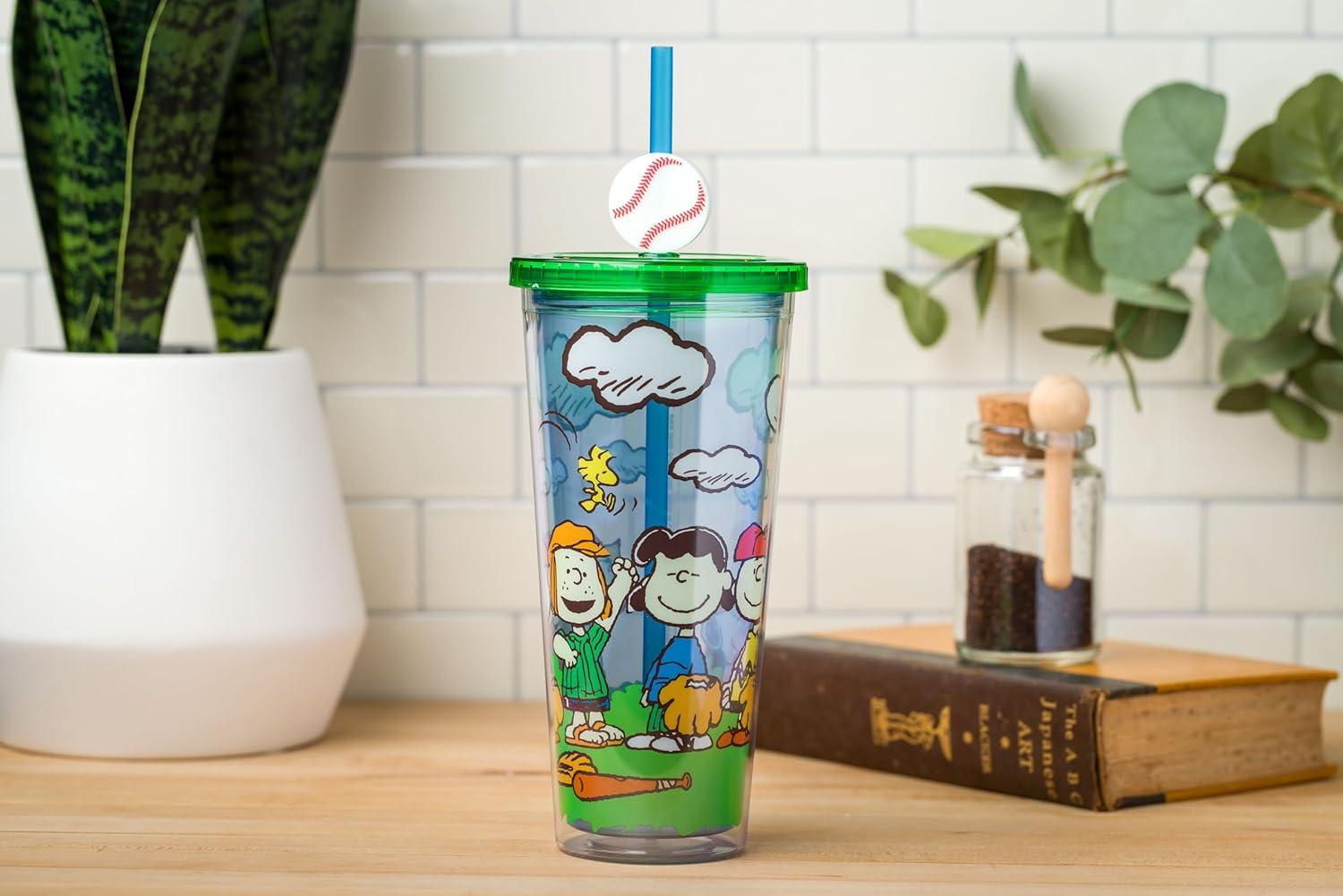 imageSilver Buffalo Sanrio Hello Kitty And Friends Featuring Kuromi and Little Twin Stars Plastic Cold Cup with Lid and Topper Straw 24 ouncesPeanuts Playing Baseball