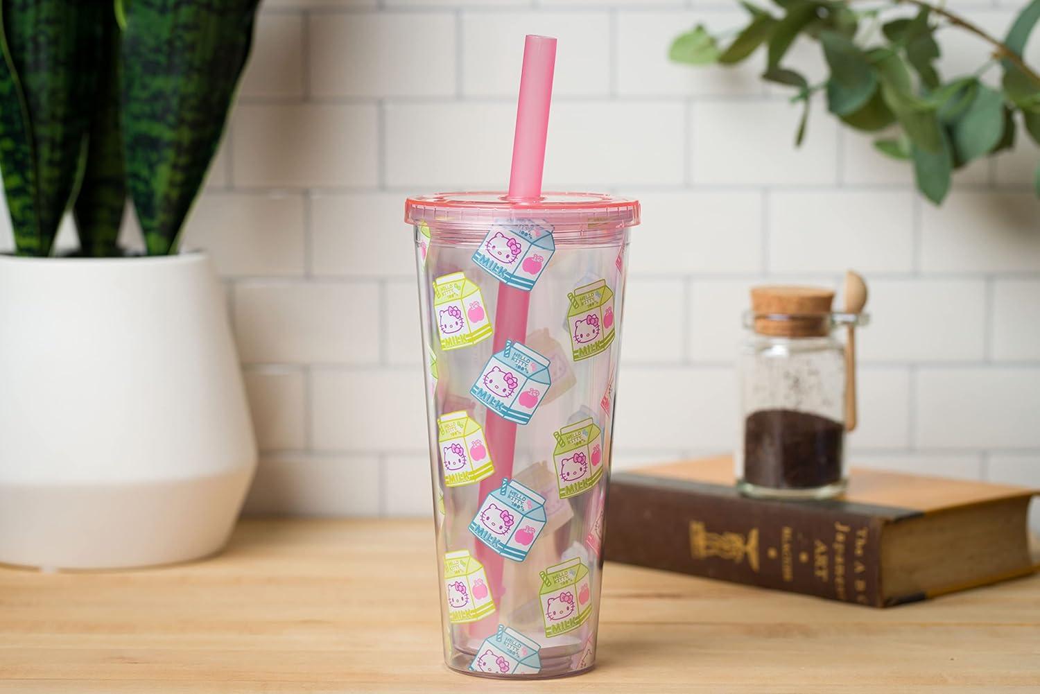 imageSilver Buffalo Sanrio Hello Kitty Milk Carton Pattern Plastic Boba Tumbler w Lid and Wide Straw 24 Ounces24oz Pack of 12