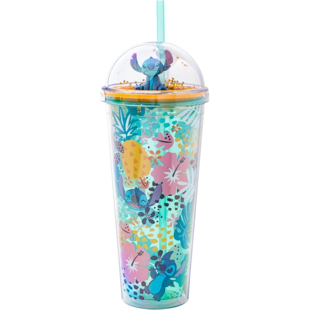 imageSilver Buffalo Disney Lilo and Stitch Aloha Tropical Leaves Pattern Dome Glitter Top Travel Tumbler 24 OuncesLilo and Stitch