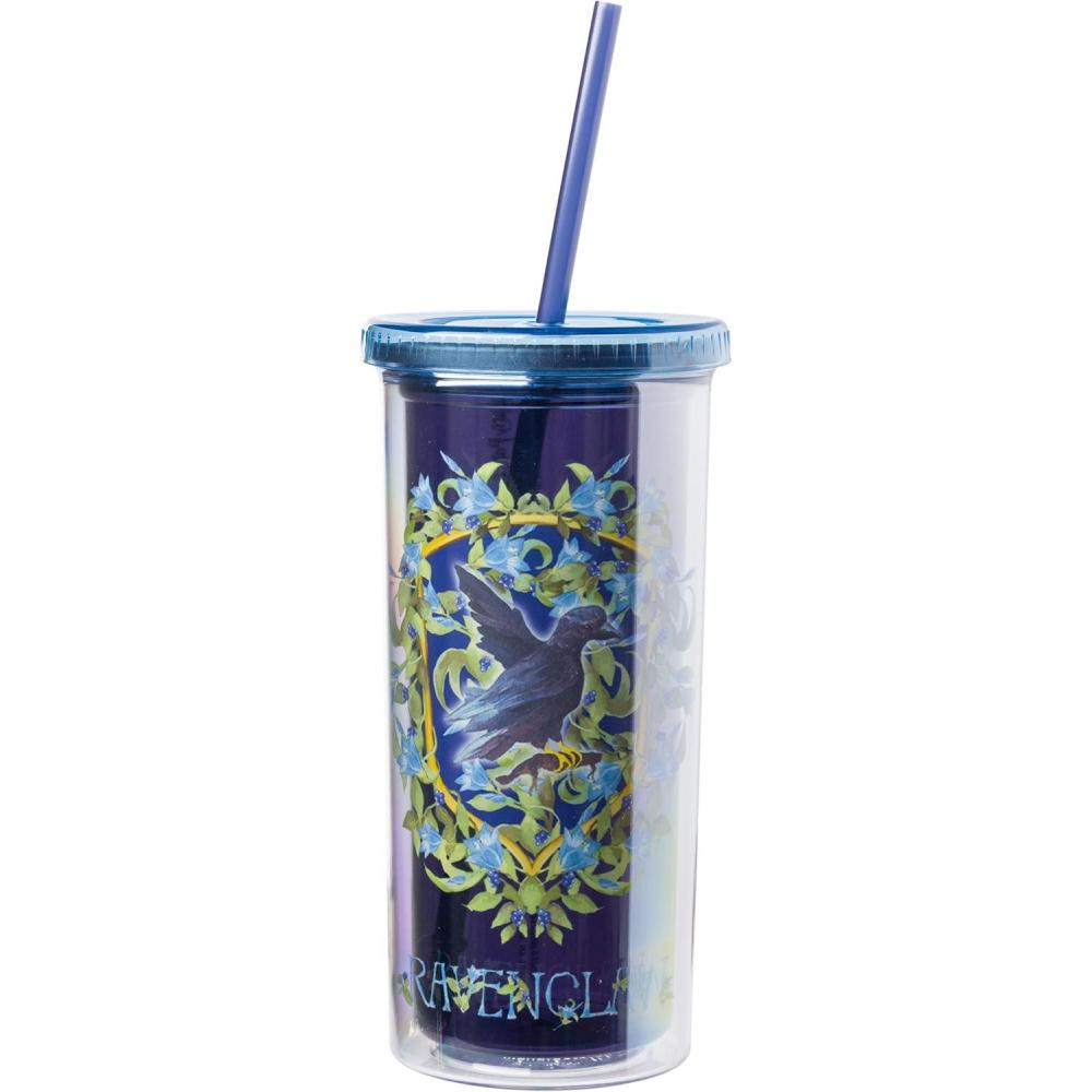 imageSilver Buffalo Harry Potter Ravenclaw Floral Crest Plastic Tall Cold Cup with Lid and Straw 20 Ounces