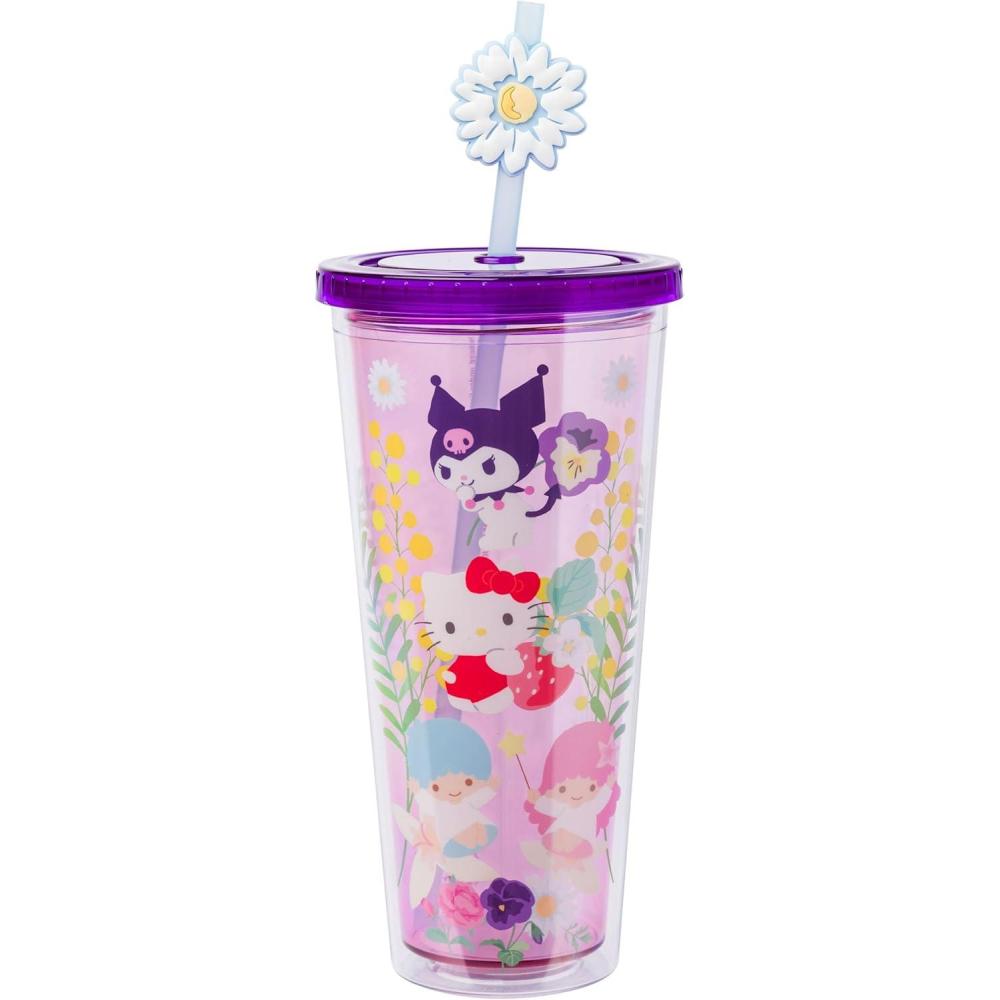 imageSilver Buffalo Sanrio Hello Kitty And Friends Featuring Kuromi and Little Twin Stars Plastic Cold Cup with Lid and Topper Straw 24 ouncesHello Kitty Kuromi and Little Twin Stars