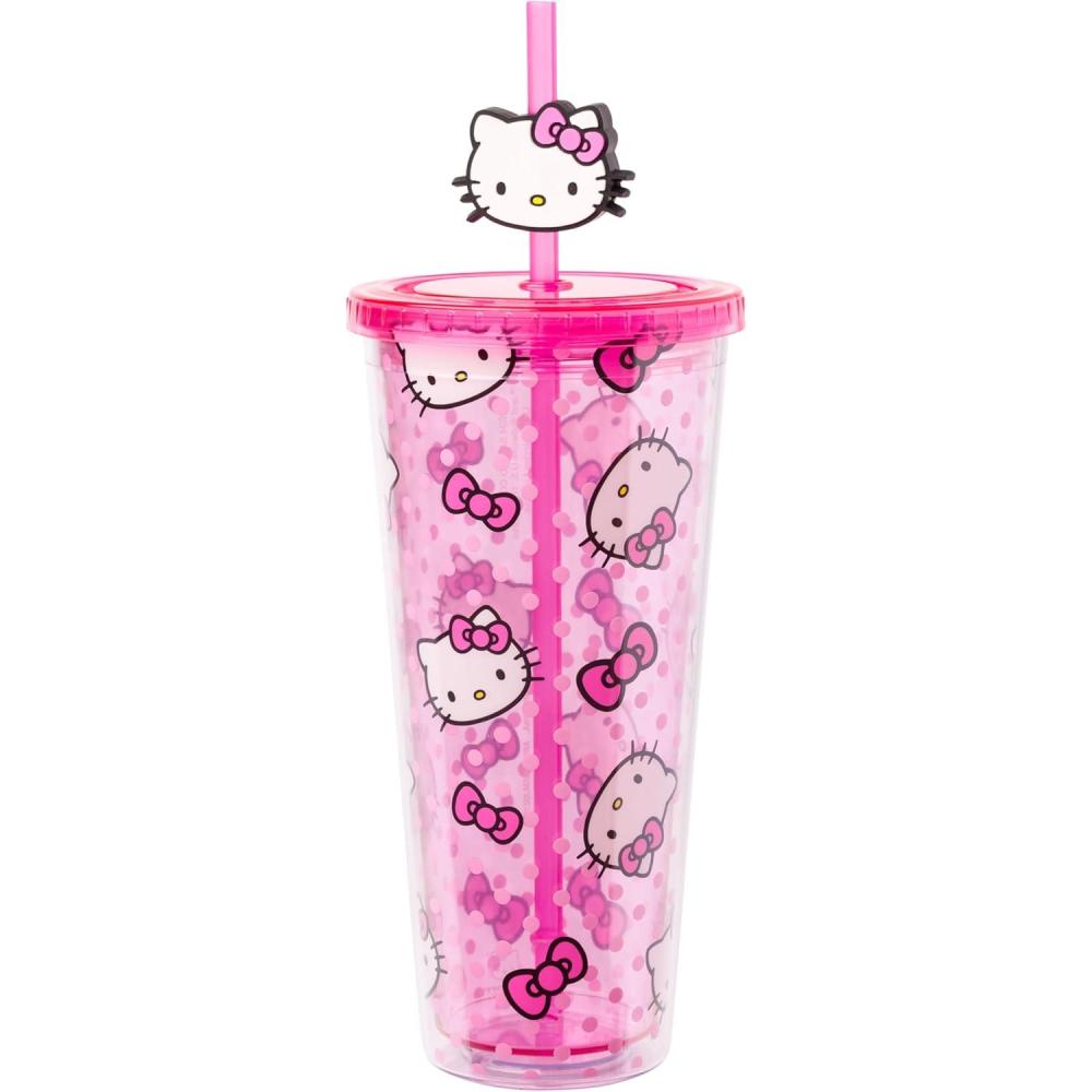 imageSilver Buffalo Sanrio Hello Kitty And Friends Featuring Kuromi and Little Twin Stars Plastic Cold Cup with Lid and Topper Straw 24 ouncesHello Kitty and Bows