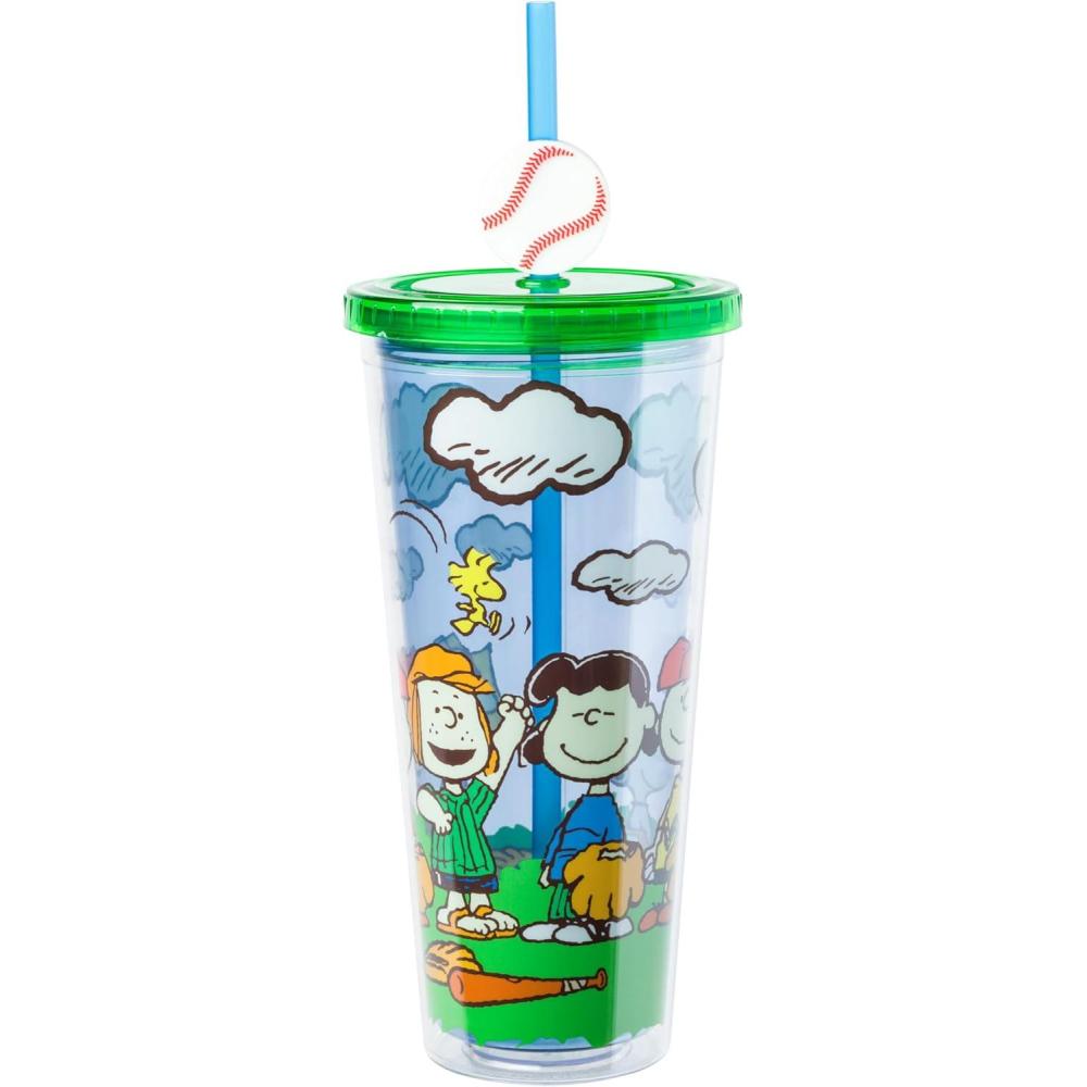 imageSilver Buffalo Sanrio Hello Kitty And Friends Featuring Kuromi and Little Twin Stars Plastic Cold Cup with Lid and Topper Straw 24 ouncesPeanuts Playing Baseball