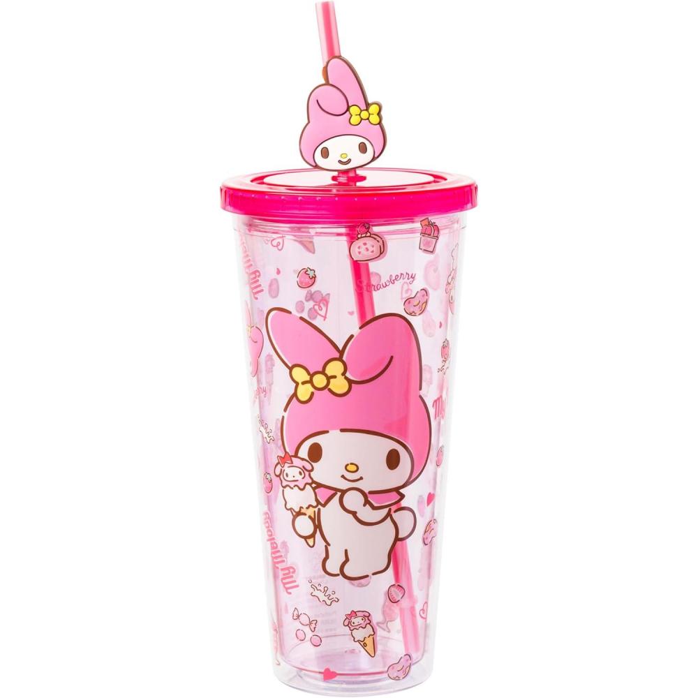 imageSilver Buffalo Sanrio Hello Kitty And Friends Featuring Kuromi and Little Twin Stars Plastic Cold Cup with Lid and Topper Straw 24 ouncesSanrio My Melody Pink Strawberry