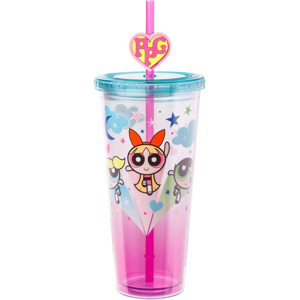 imageSilver Buffalo Sanrio Hello Kitty And Friends Featuring Kuromi and Little Twin Stars Plastic Cold Cup with Lid and Topper Straw 24 ouncesThe Powerpuff Girls Original