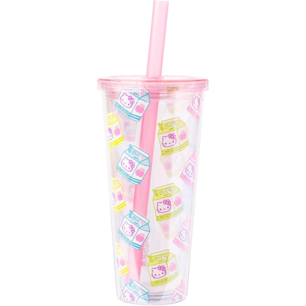 imageSilver Buffalo Sanrio Hello Kitty Milk Carton Pattern Plastic Boba Tumbler w Lid and Wide Straw 24 Ounces24 Ounces
