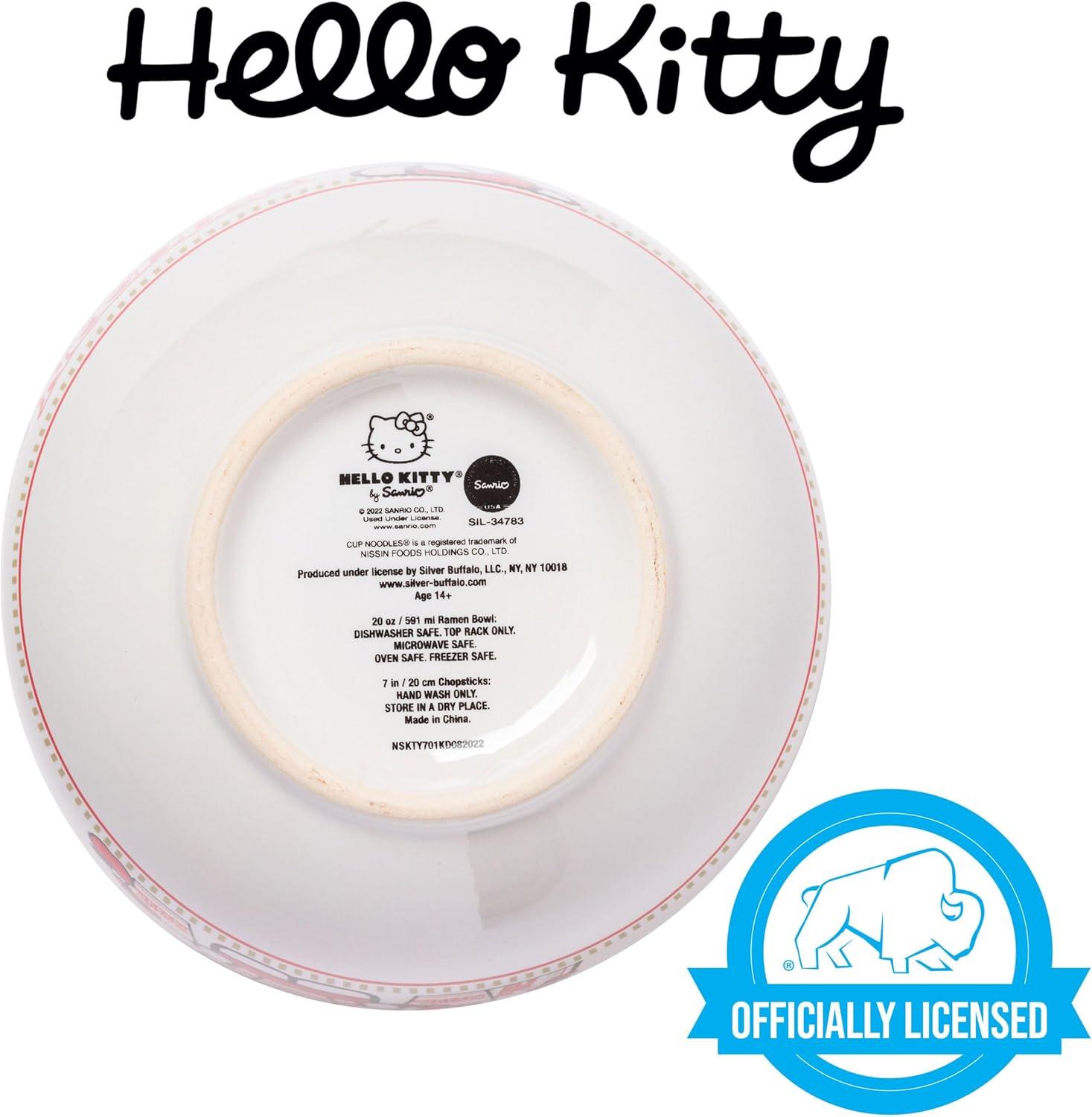 imageSilver Buffalo Hello Kitty Nissin Ceramic Ramen Bowl with Chopsticks 20 Ounces