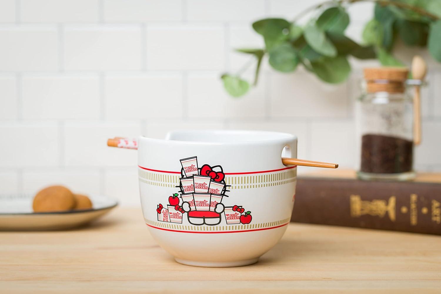 imageSilver Buffalo Hello Kitty Nissin Ceramic Ramen Bowl with Chopsticks 20 Ounces