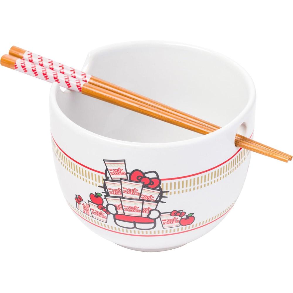 imageSilver Buffalo Hello Kitty Nissin Ceramic Ramen Bowl with Chopsticks 20 Ounces