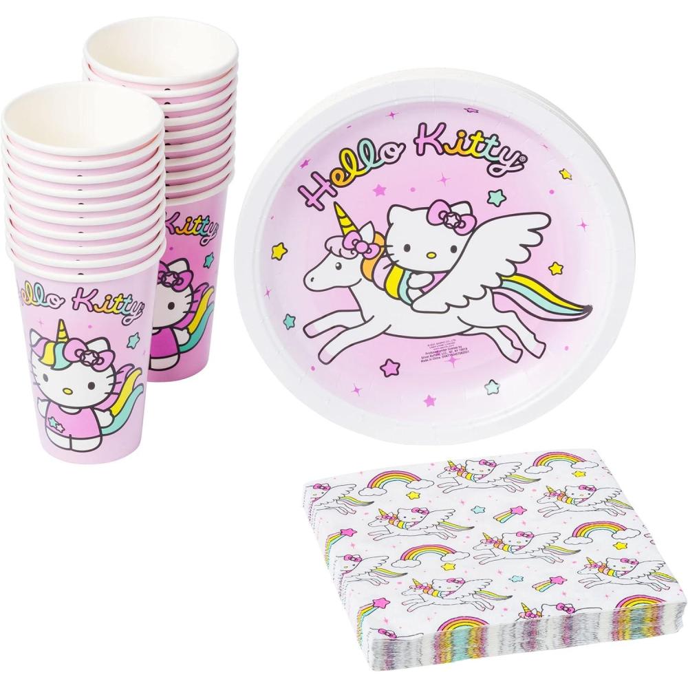 imageSilver Buffalo Hello Kitty Unicorn Rainbow Toss Paper Plates Cups Napkins Party Pack Set 60 Piece