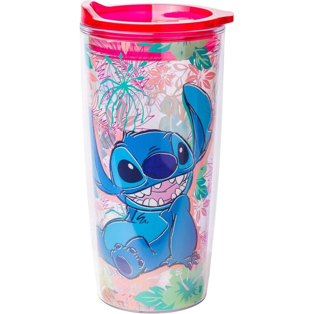 imageSilver Buffalo Sanrio Hello Kitty Strawberry Double Wall Travel Tumbler with Slide Close Lid 20 OuncesLilo and Stitch Floral Red 20 Ounces