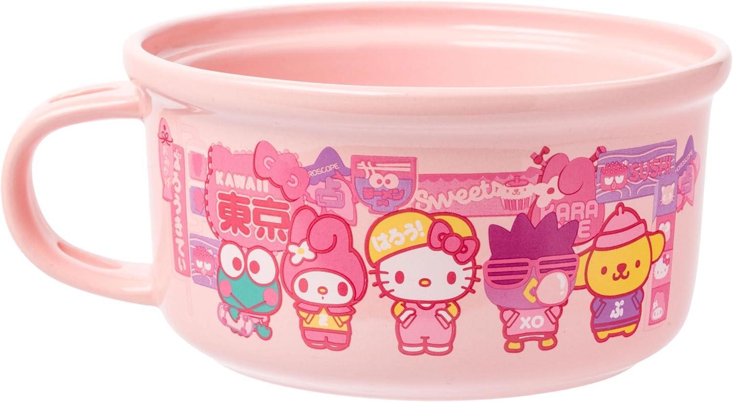 imageSilver Buffalo Sanrio Hello Kitty and Friends Featuring Keroppi My Melody BadtzMaru and Pompompurin Soup Mug and Bowl Lid with Spoon and Chopsticks 13 Ounce Bowl Lid 22 Ounce Soup Mug
