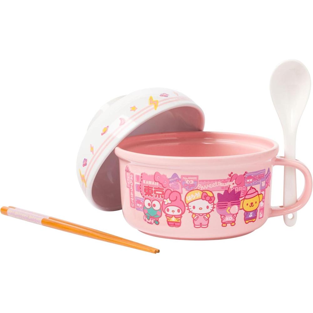 imageSilver Buffalo Sanrio Hello Kitty and Friends Featuring Keroppi My Melody BadtzMaru and Pompompurin Soup Mug and Bowl Lid with Spoon and Chopsticks 13 Ounce Bowl Lid 22 Ounce Soup Mug