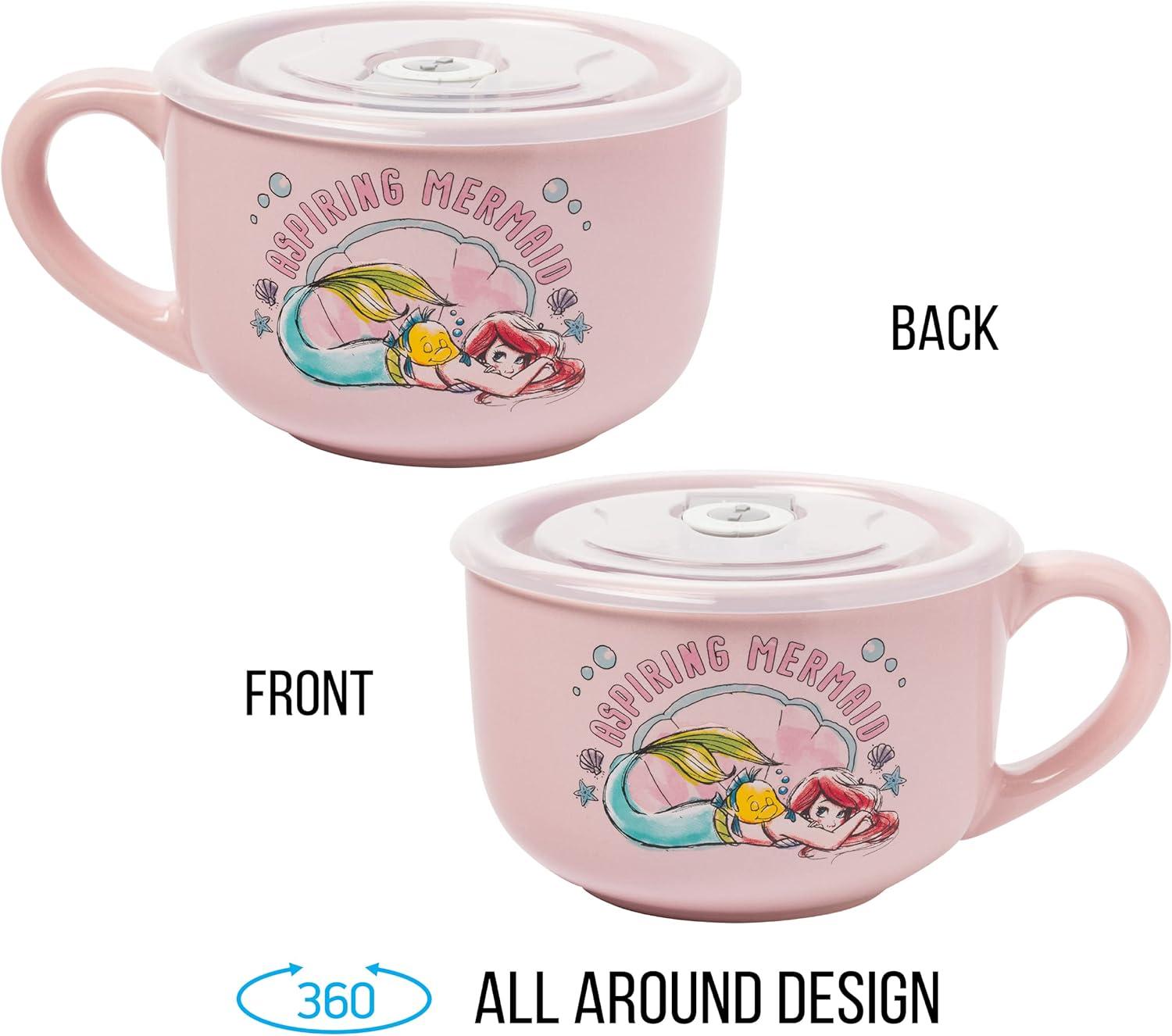 imageSilver Buffalo Lilo and Stitch Aloha Multi Face Ceramic Soup Mug with Vented Plastic Lid 24 Ounces 1 Count Pack of 1Little Mermaid Aspiring Mermaid