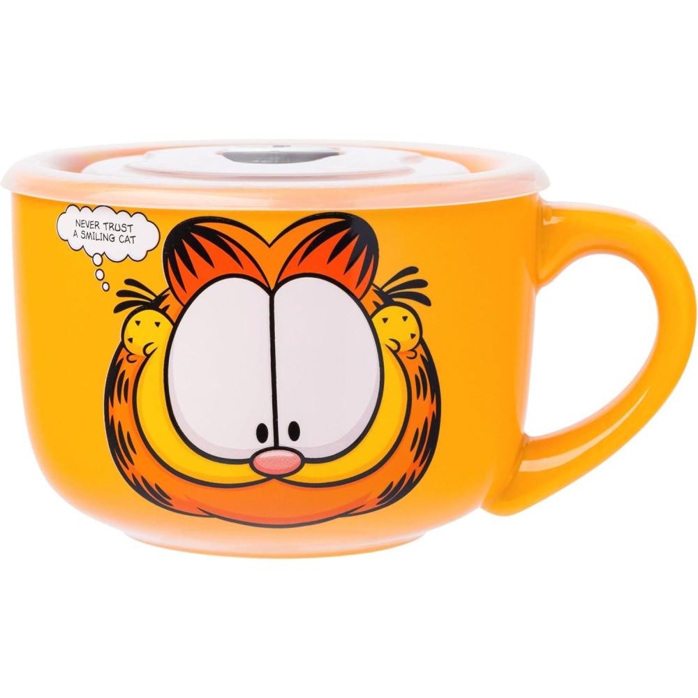 imageSilver Buffalo Lilo and Stitch Aloha Multi Face Ceramic Soup Mug with Vented Plastic Lid 24 Ounces 1 Count Pack of 1Garfield Never Trust a Smiling Cat