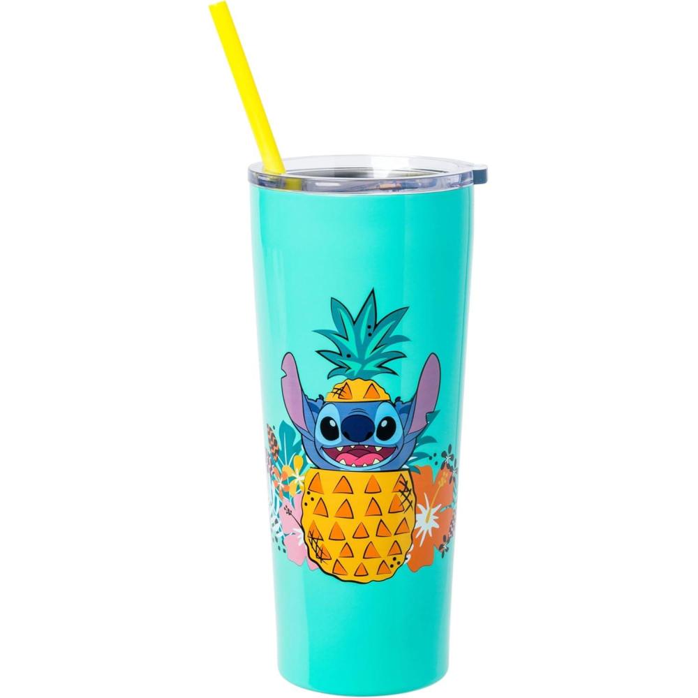 imageSilver Buffalo Lilo and Stitch Ohana Means Family Pineapple 22oz Double Walled Stainless Steel Tumbler w Straw