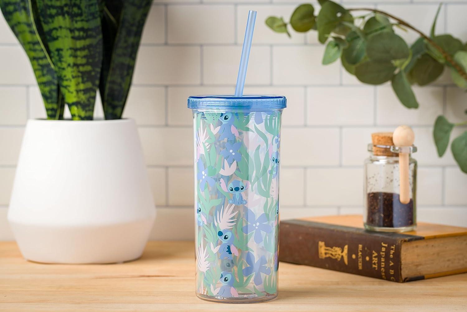 imageSilver Buffalo Wicked Core Elphaba and Glinda Split Patterns Rhinestone Lid 20oz Plastic Tall Cold Cup wLid and StrawLilo and Stitch Floral and Leaves