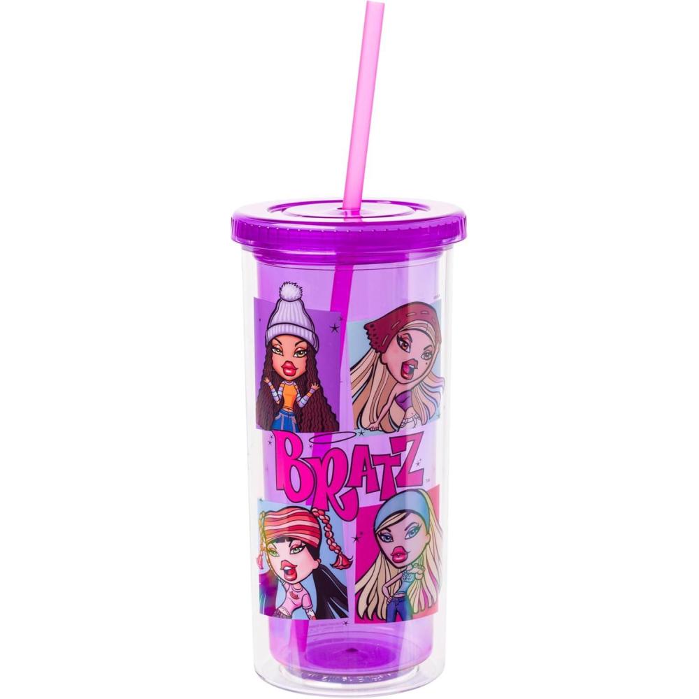 imageSilver Buffalo Wicked Core Elphaba and Glinda Split Patterns Rhinestone Lid 20oz Plastic Tall Cold Cup wLid and StrawBratz Grid