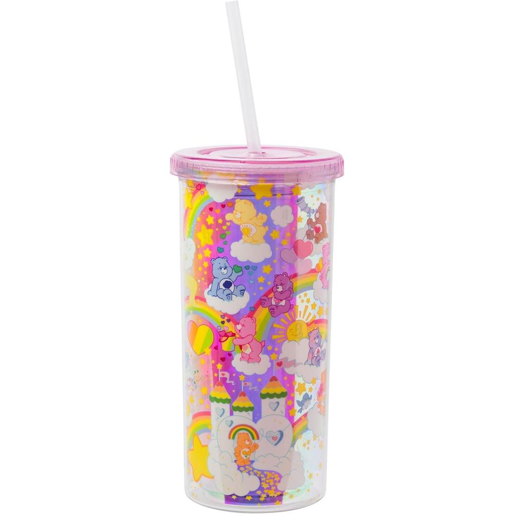 imageSilver Buffalo Wicked Core Elphaba and Glinda Split Patterns Rhinestone Lid 20oz Plastic Tall Cold Cup wLid and StrawCare Bears Iridescent