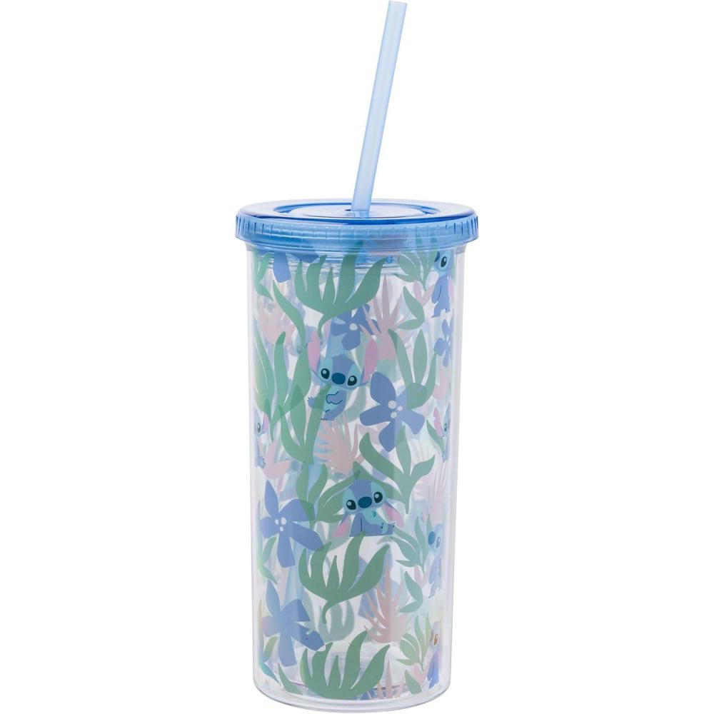 imageSilver Buffalo Wicked Core Elphaba and Glinda Split Patterns Rhinestone Lid 20oz Plastic Tall Cold Cup wLid and StrawLilo and Stitch Floral and Leaves