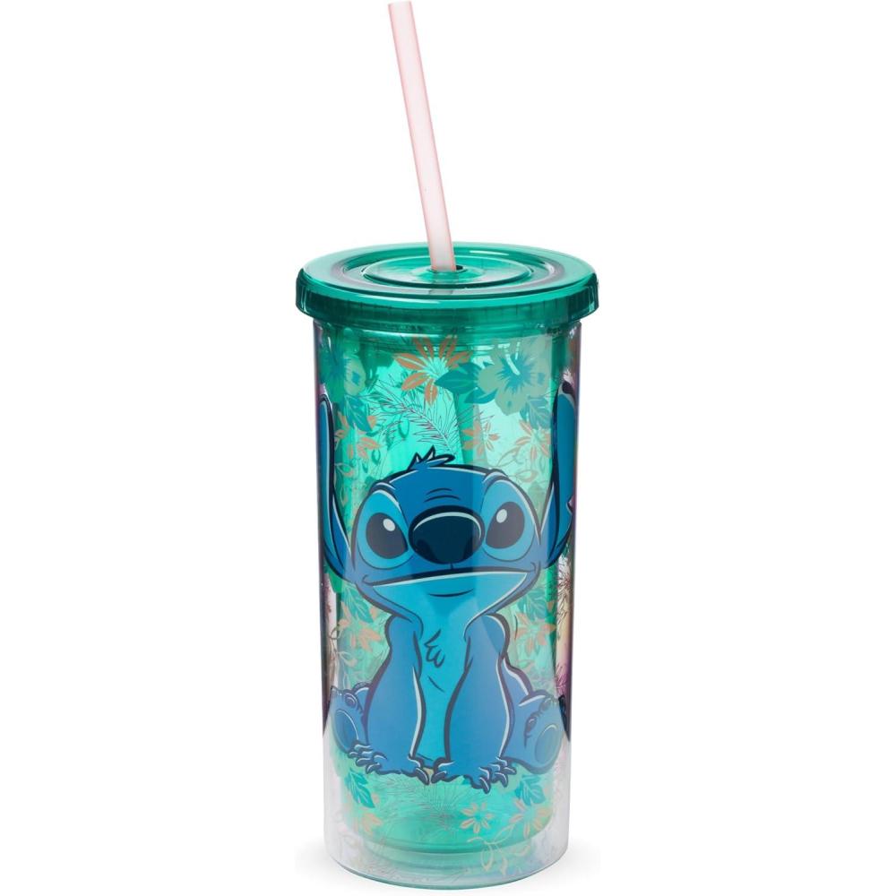 imageSilver Buffalo Wicked Core Elphaba and Glinda Split Patterns Rhinestone Lid 20oz Plastic Tall Cold Cup wLid and StrawLilo and Stitch Sitting Tropical