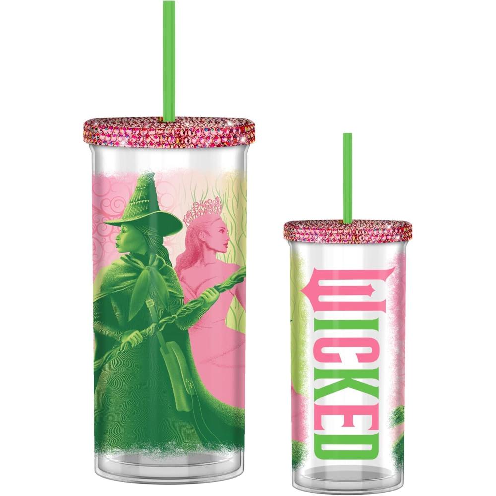 imageSilver Buffalo Wicked Core Elphaba and Glinda Split Patterns Rhinestone Lid 20oz Plastic Tall Cold Cup wLid and StrawMulticolor