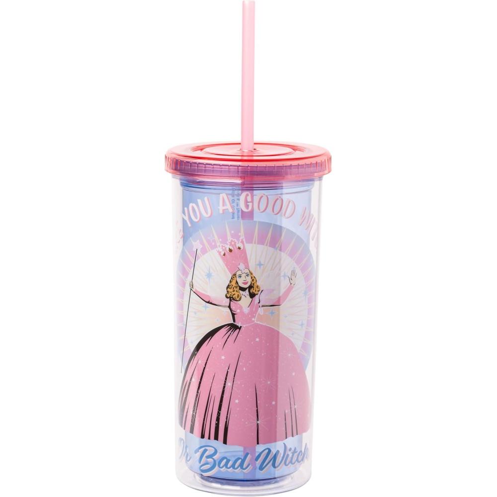 imageSilver Buffalo Wicked Core Elphaba and Glinda Split Patterns Rhinestone Lid 20oz Plastic Tall Cold Cup wLid and StrawWizard of Oz Glinda