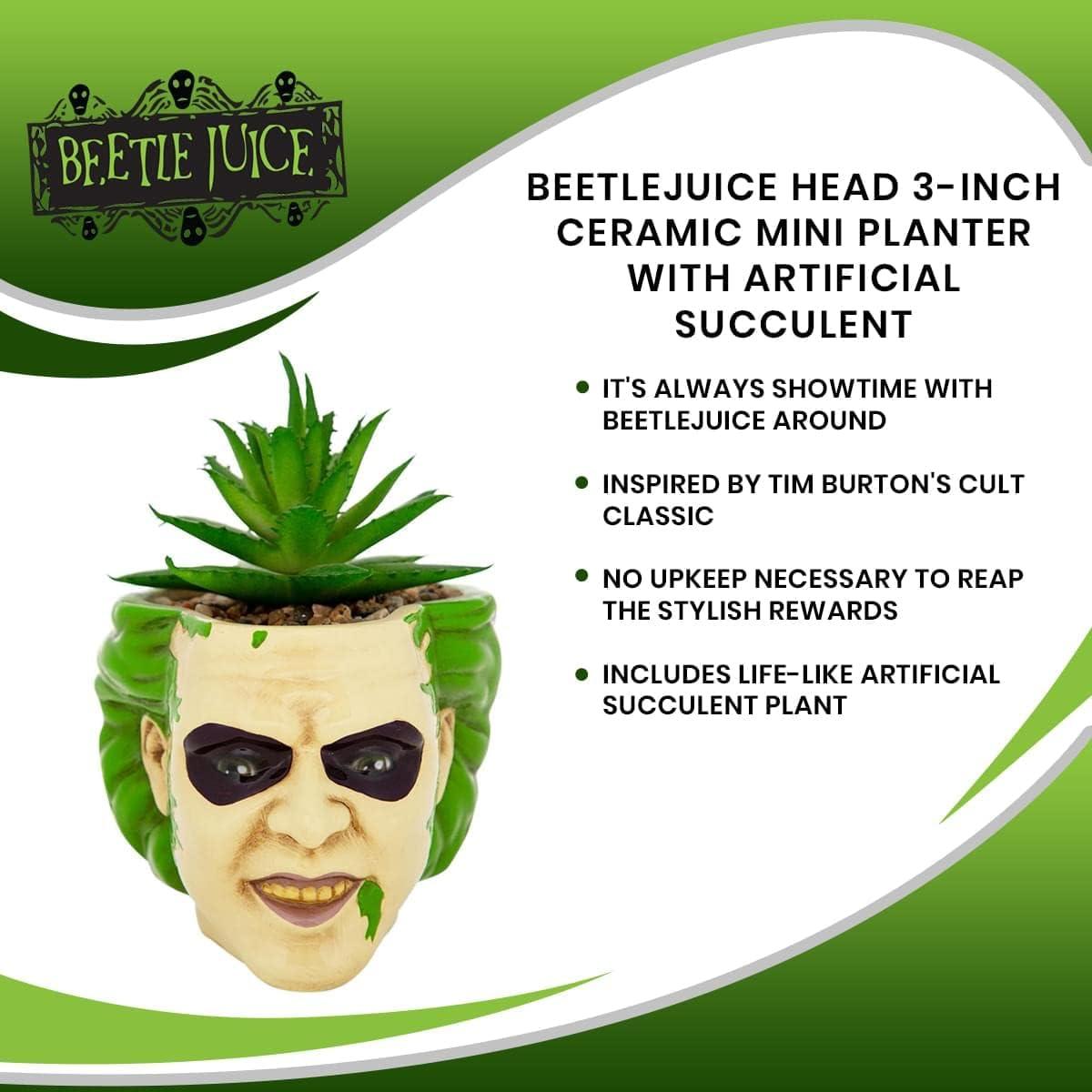 imageBeetlejuice Head 3Inch Ceramic Mini Planter with Artificial Succulent Small Flower Pot Faux Indoor Plants For Desk Shelf Home Decor Trinket Tray Tim Burton Gifts and Collectibles